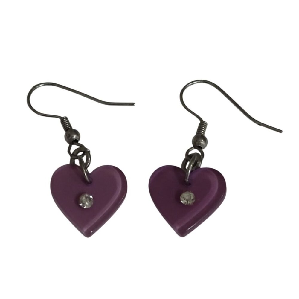 Purple Heart Shaped Hanging Earrings Rhinestone Silver Hooks 1.5 inch drop